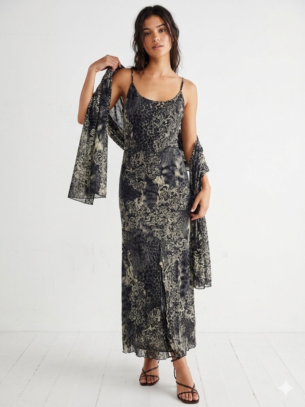 Serendipity Maui Maxi Dress with Matching Scarf, Beaded Animal Print, Size L Y2K